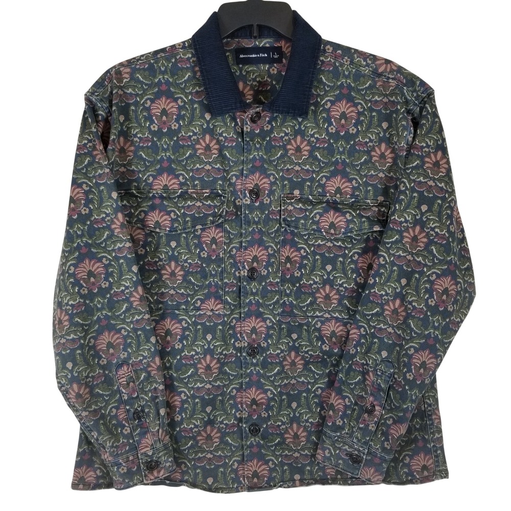 Abercrombie & Fitch Mens Tapestry Floral Workwear Shirt Jacket Corduroy Collar L